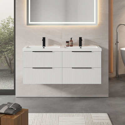 Fluted Front Wall Hung 4-Drawer Bathroom Vanity Unit with Double Basin ...