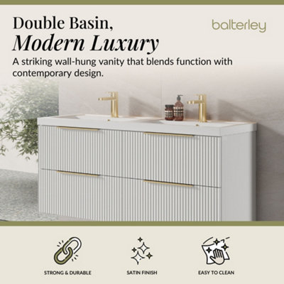Fluted Front Wall Hung 4-Drawer Bathroom Vanity Unit with Double Basin ...
