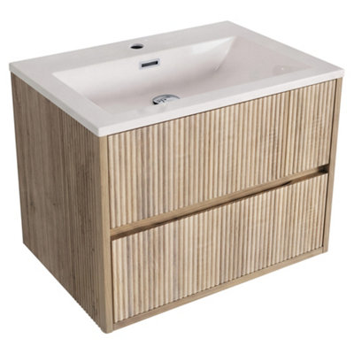 Fluted Square 600 Vanity Unit 4 Piece Set - Oak Wall Mounted Cabinet ...