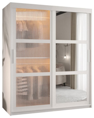 Flutes II Glass and Mirrored Sliding Door Wardrobe with LED Lighting(H2000mm W1500mm D620mm) - White Matt