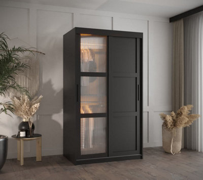 Flutes III Sliding Door Wardrobe with Glass and Panel Doors and LED Lighting (H2000mm W1000mm D620mm) - Black Matt