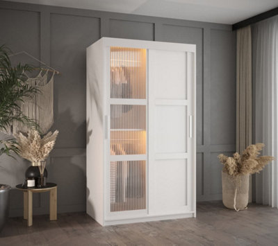 Flutes III Sliding Door Wardrobe with Glass and Panel Doors and LED Lighting (H2000mm W1000mm D620mm) - White Matt