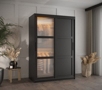 Flutes III Sliding Door Wardrobe with Glass and Panel Doors and LED Lighting (H2000mm W1200mm D620mm) - Black Matt