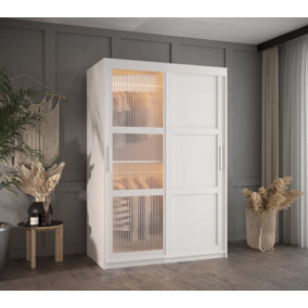 Flutes III Sliding Door Wardrobe with Glass and Panel Doors and LED Lighting (H2000mm W1200mm D620mm) - White Matt