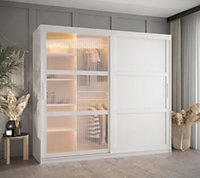 Flutes III Sliding Door Wardrobe with Glass and Panel Doors and LED Lighting (H2000mm W2000mm D620mm) - White Matt
