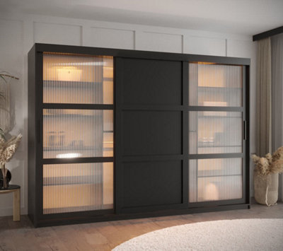 Flutes III Sliding Door Wardrobe with Glass and Panel Doors and LED Lighting (H2000mm W2500mm D620mm) - Black Matt