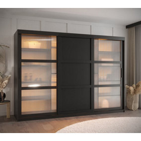 Flutes III Sliding Door Wardrobe with Glass and Panel Doors and LED Lighting (H2000mm W2500mm D620mm) - Black Matt