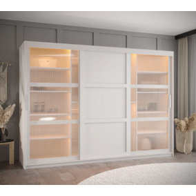 Flutes III Sliding Door Wardrobe with Glass and Panel Doors and LED Lighting (H2000mm W2500mm D620mm) - White Matt