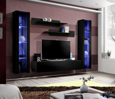 Fly A2 Black Entertainment Wall 260cm - LED-Lit Storage with ...