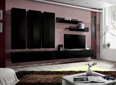 Fly E1 Black Gloss Entertainment Unit 320cm - Statement Wide Media Wall ...