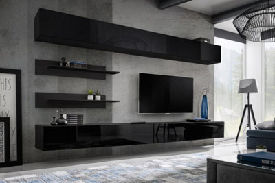 Fly I1 Black Gloss Entertainment Unit 320cm - Dramatic Low-Line Media ...