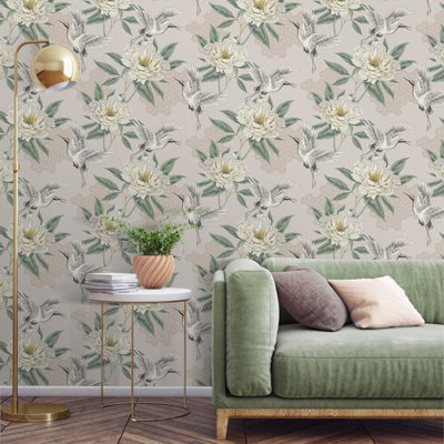 Flying Cranes Wallpaper Natural Grandeco 178302