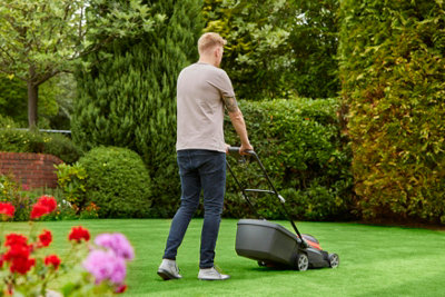 Flymo 36V UltraStore 340R Cordless Lawnmower Mower 34cm Twin 18v Bosch ...