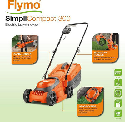 Flymo SimpliCompact 300 Wheeled Electric Lawnmower - 1000 W Motor, 30 ...