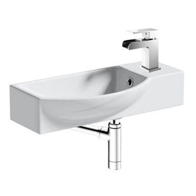 FNX 460mm Cloakroom Wall Hung Basin with Modern Waterfall Tap & Bottle Trap Set - Gloss White Price Comparisons | Compare The Build