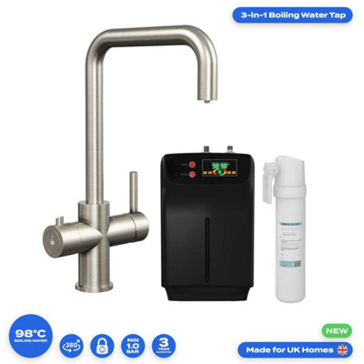 FNX Bathrooms 3-in-1 Instant Boiling Water Kitchen Tap & 2.4L Boiler - Brushed Steel with Child Lock & 360 Swivel Spout