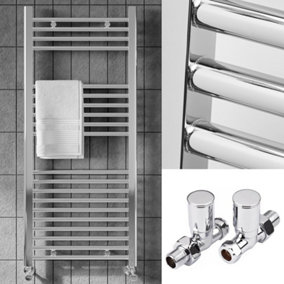 FNX Bathrooms™ 300 x 1000mm Polished Chrome Heated Bathroom Towel Warmer Ladder Rail Radiator & Straight Radiator Valves
