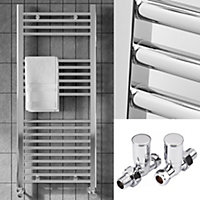 FNX Bathrooms™ 300 x 1200mm Polished Chrome Heated Bathroom Towel Warmer Ladder Rail Radiator & Straight Radiator Valves