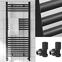 FNX Bathrooms™ 400 x 1200mm Matt Black Heated Bathroom Towel Warmer Ladder Rail Radiator & Angled Radiator Valves