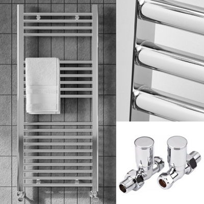 FNX Bathrooms™ 400 x 1200mm Polished Chrome Heated Bathroom Towel Warmer Ladder Rail Radiator & Straight Radiator Valves