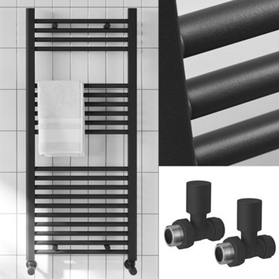 FNX Bathrooms™ 400 x 1400mm Matt Black Heated Bathroom Towel Warmer Ladder Rail Radiator & Straight Radiator Valves