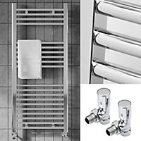 FNX Bathrooms™ 600 x 1000mm Polished Chrome Heated Bathroom Towel Warmer Ladder Rail Radiator & Angled Radiator Valves