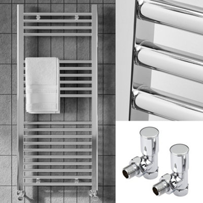 FNX Bathrooms™ 600 x 1400mm Polished Chrome Heated Bathroom Towel Warmer Ladder Rail Radiator & Angled Radiator Valves
