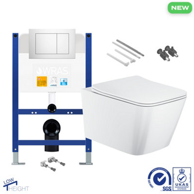 FNX Bathrooms Square Rimless 2.0 Wall Hung Toilet & Low Height Concealed Cistern Frame Set - Chrome Flush Plate