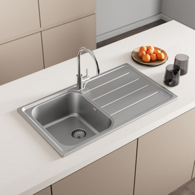 FNX Inset Stainless Steel 1.0 Bowl Kitchen Sink with Right-Hand Drainer ...