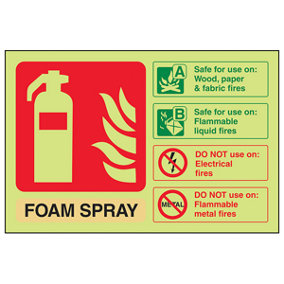 FOAM Spray Fire Extinguisher Sign - Glow in the Dark - 150x100mm (x3)