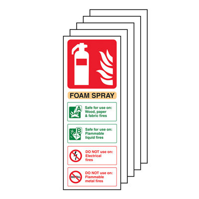 FOAM SPRAY Safety Sign - Not Electrical Safe Fire Extinguisher - 1mm Rigid Plastic - 75 X 200mm - 5 Pack