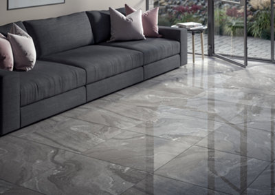 Fog Anthracite Marble Effect Glossy 600mm x 600mm Porcelain Wall & Floor Tiles (Pack of 4 w/ Coverage of 1.44m2)