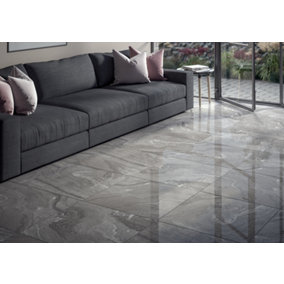 Fog Anthracite Marble Effect Glossy 600mm x 600mm Porcelain Wall & Floor Tiles (Pack of 4 w/ Coverage of 1.44m2)