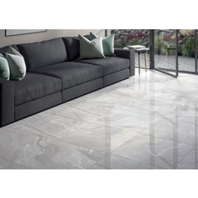 Fog Light Grey Marble Effect Glossy 600mm x 600mm Porcelain Wall & Floor Tiles (Pack of 4 w/ Coverage of 1.44m2)