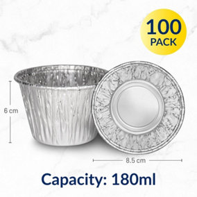 Foil Pudding Cups (100 Pack) for Baking and Round Puddings, 180ml Reusable and Recyclable Aluminium Dishes for Desserts
