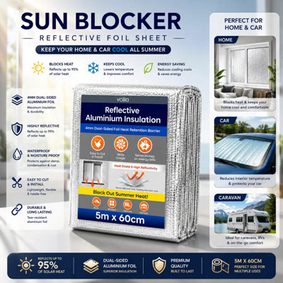 Foil Sun Blocker Roll 5m x 60cm - Sun Heat Barrier for Windows, Roofs ...