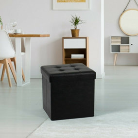 Foldable 38x38cm Cube Faux Leather Storage Box Ottoman Footstool Black