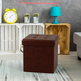 Foldable 38x38cm Cube Faux Leather Storage Box Ottoman Footstool Brown