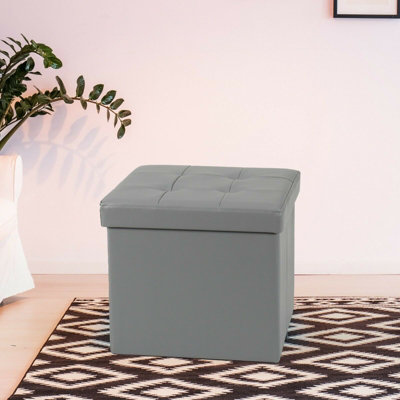 Foldable 38x38cm Cube Faux Leather Storage Box Ottoman Footstool Grey