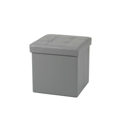 Foldable 38x38cm Cube Faux Leather Storage Box Ottoman Footstool Grey