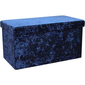 Foldable 76x38cm Crushed Velvet Storage Bench Box Chest Ottoman Footstool Navy Blue
