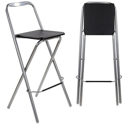 Foldable Breakfast Stool Chair - Lightweight And Compact With Footrest - Easy To Clean - Wooden Effect With Silver Frame