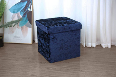 Foldable Crushed Velvet Storage Box Ottoman Bench Cube 38x38cm Navy