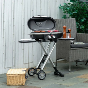 Foldable Gas BBQ Grill 2 Burner Garden Barbecue Trolley w/ Lid Side Shelves Storage Pocket Piezo Ignition Thermometer
