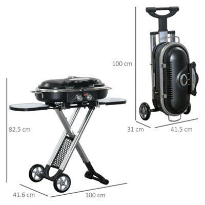 Foldable Gas BBQ Grill 2 Burner Garden Barbecue Trolley w/ Lid Side Shelves Storage Pocket Piezo Ignition Thermometer