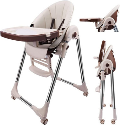 Foldable Baby High Chair, Baby Feeding Highchair Dining Chair With Adjustable Food Tray & Footrest, Adjustable Heights & 3 Reclining Backrest, PU Seat & Embedeed Rear Wheels