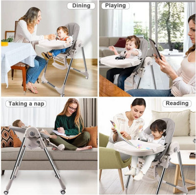 Foldable High Chairs with Food Tray Wheels Safety Harness Footrest for Babies and Toddlers Grey