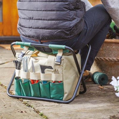 Foldable Hobby Seat - Portable Stool with Metal Frame & Storage Bag for Tools & Equipment, Perfect for Gardening, Fishing, Camping