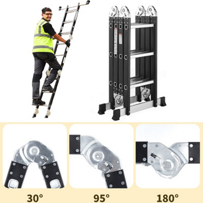 Foldable multi-purpose combination step ladder. Aluminium construction.