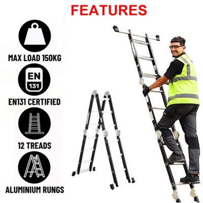 Foldable multi-purpose combination step ladder. Aluminium construction.